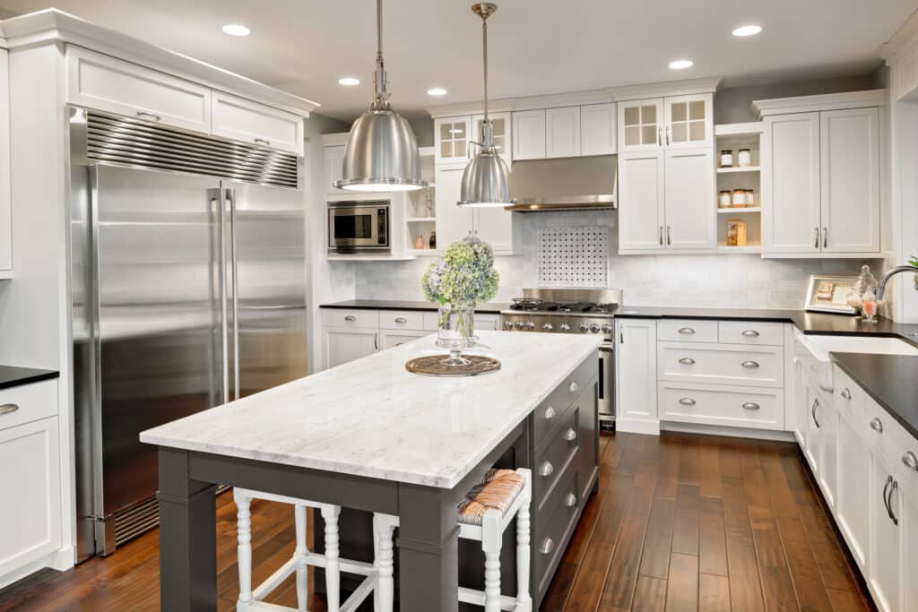 Elegant kitchen in white countertop and cabinet