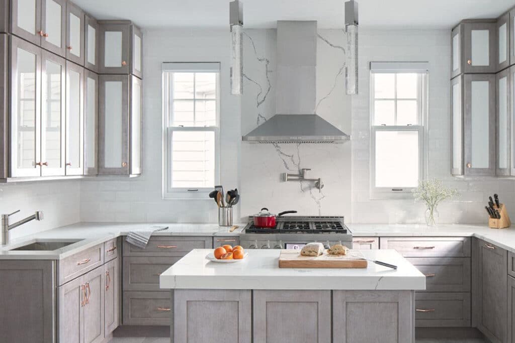 Gray kitchen cabinets with white countertop