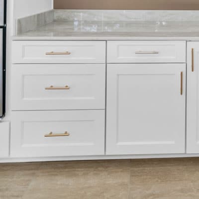White shaker cabinet, light gray countertop