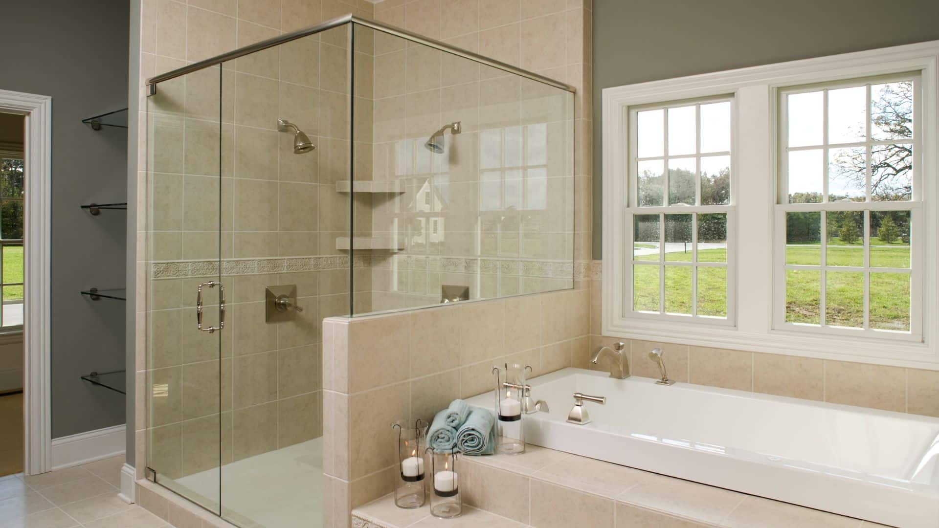 Master bathroom style with enclosed shower, and tub