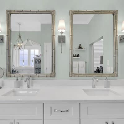 Double-sink undermounted sink, shaker, white vanity