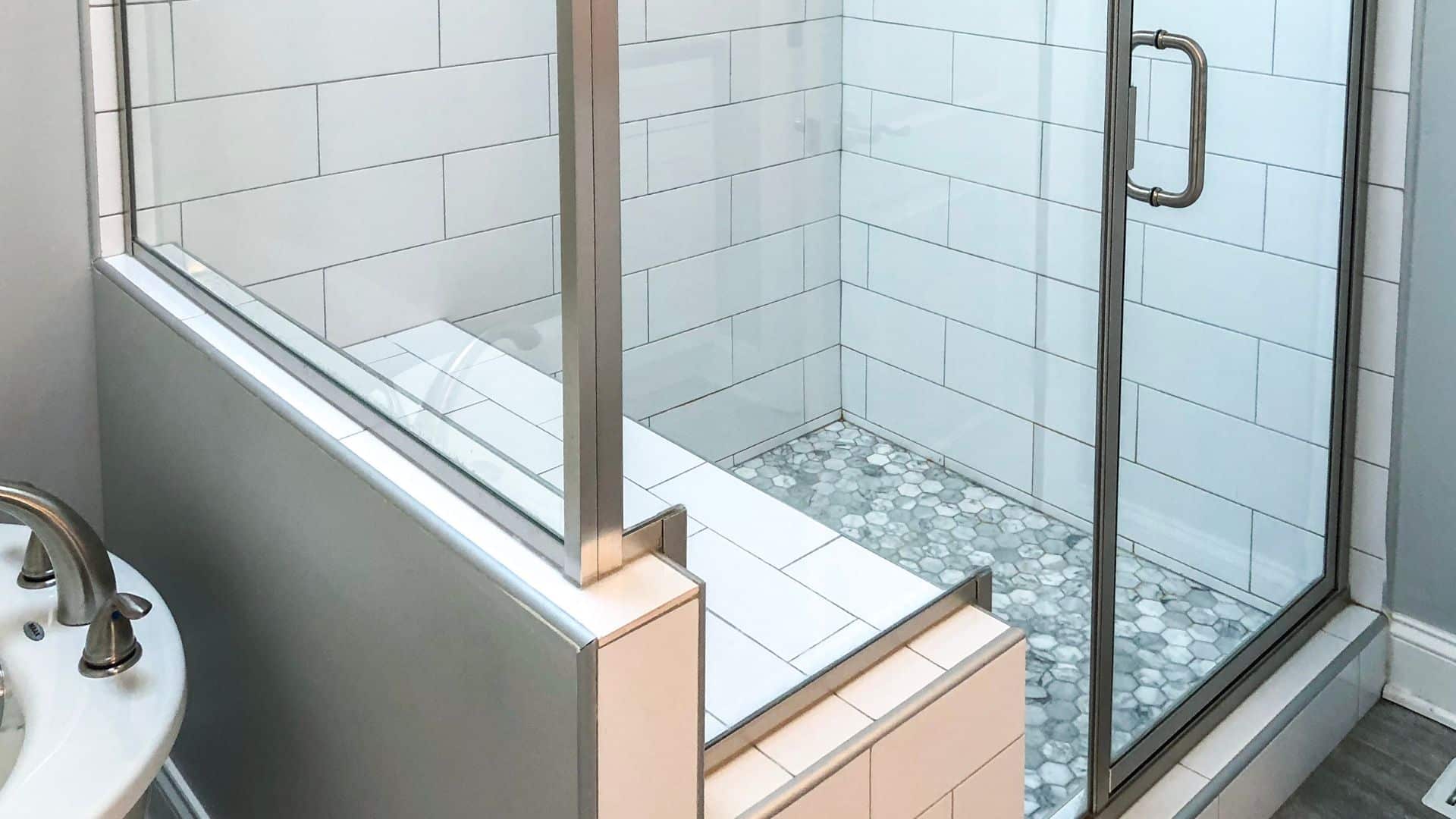 Shower with bench and anti-slip flooring