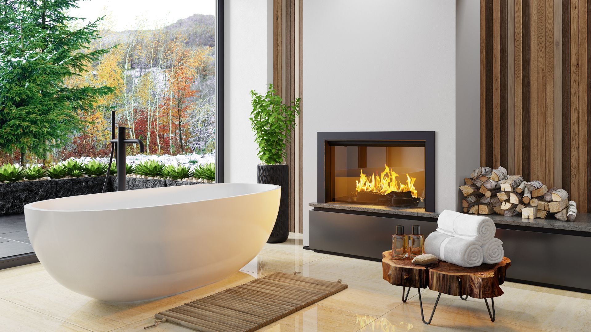 Elegant bathroom with fireplace and tub