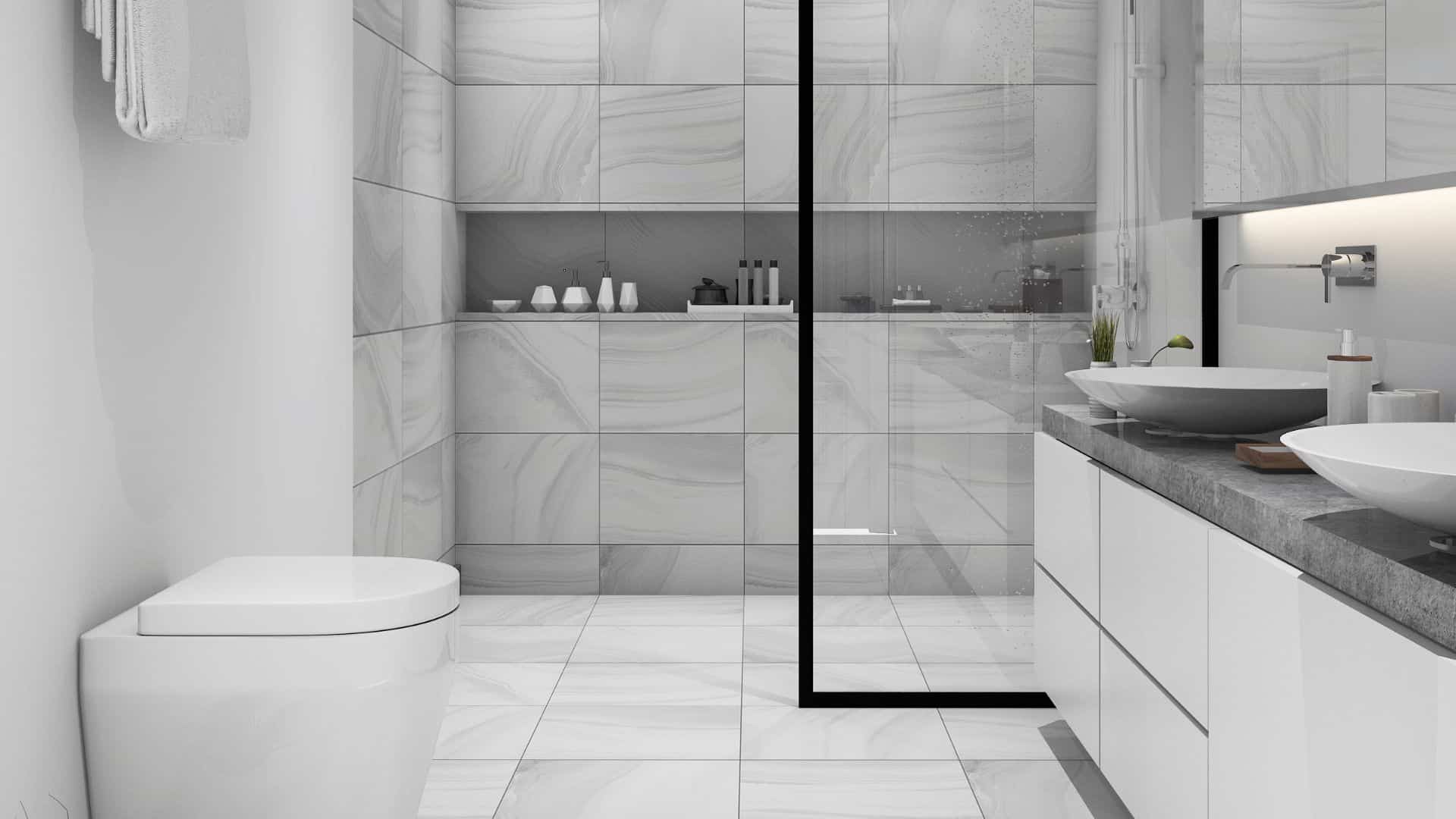 Modern bathroom style with toilet, white vanity, and shower