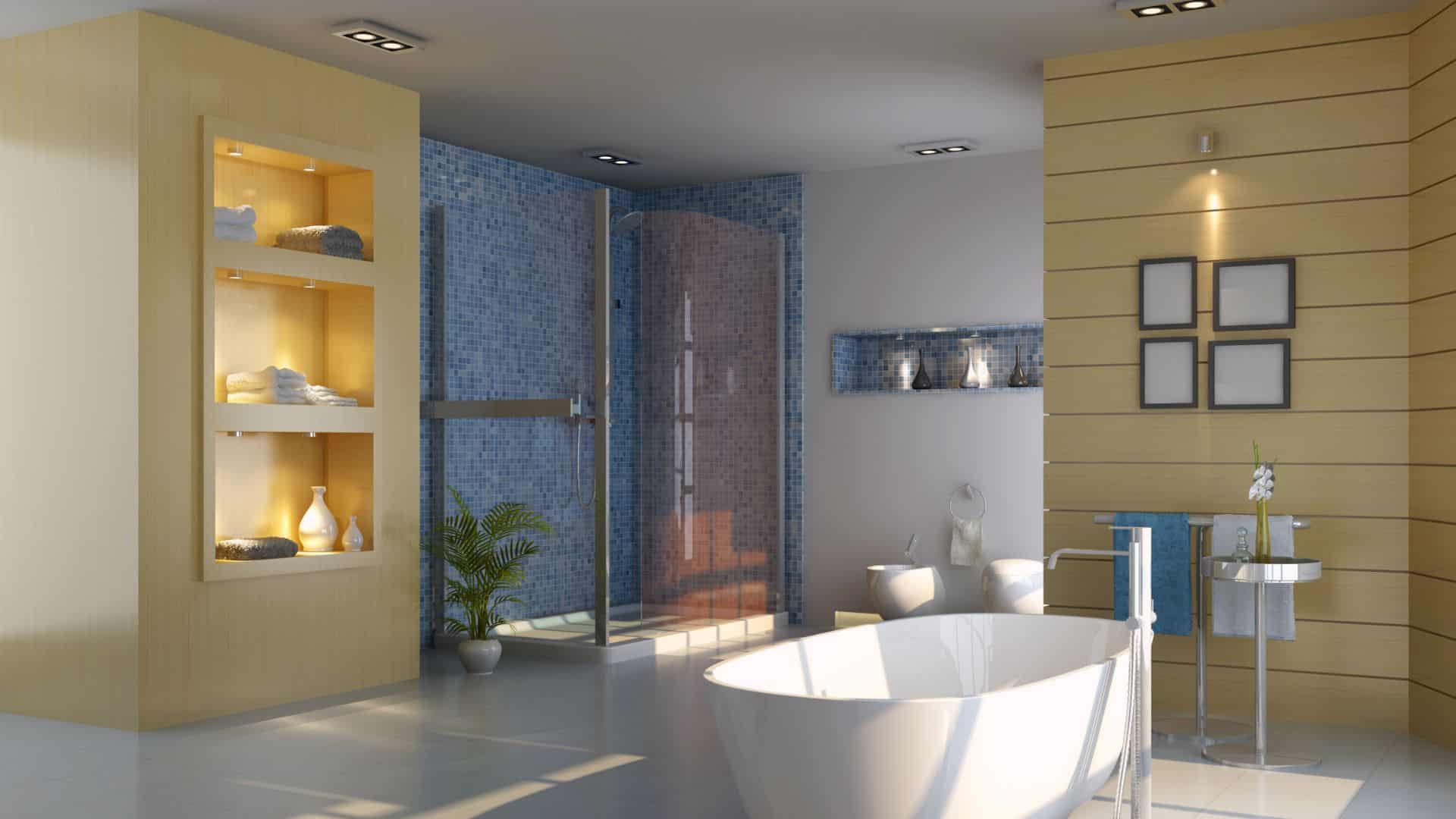Modern, spacious bathroom with tub and shower, and toilet
