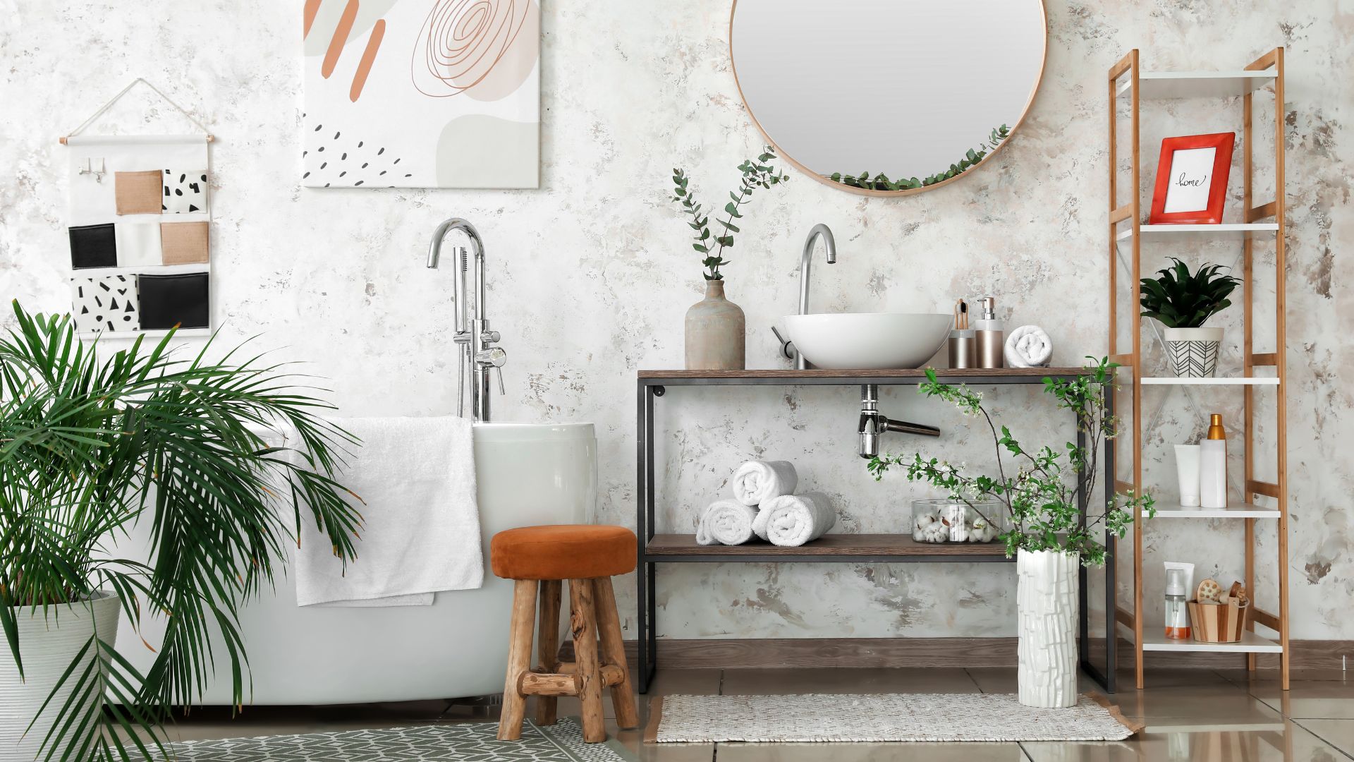 Bathroom with plants, and open shelving for storage