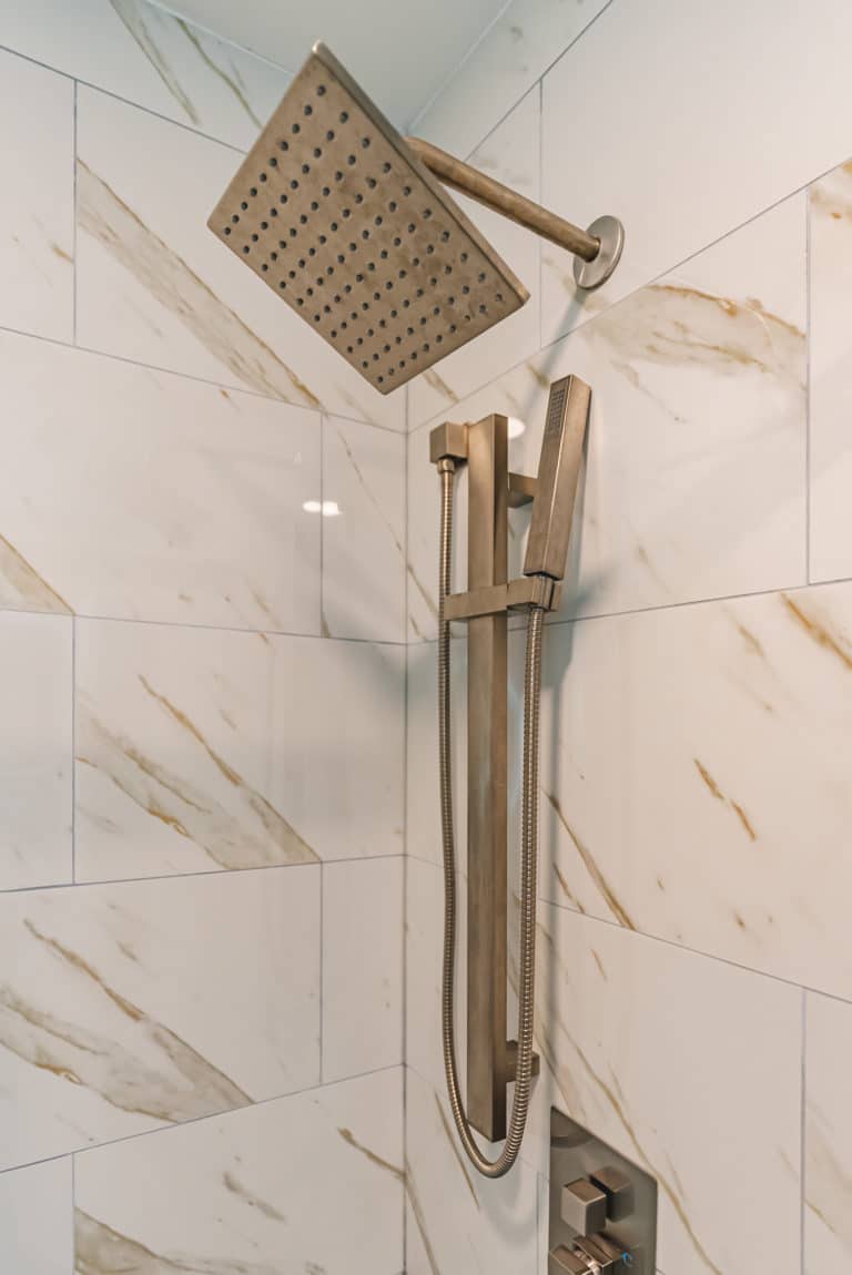 Shower with silver hardware