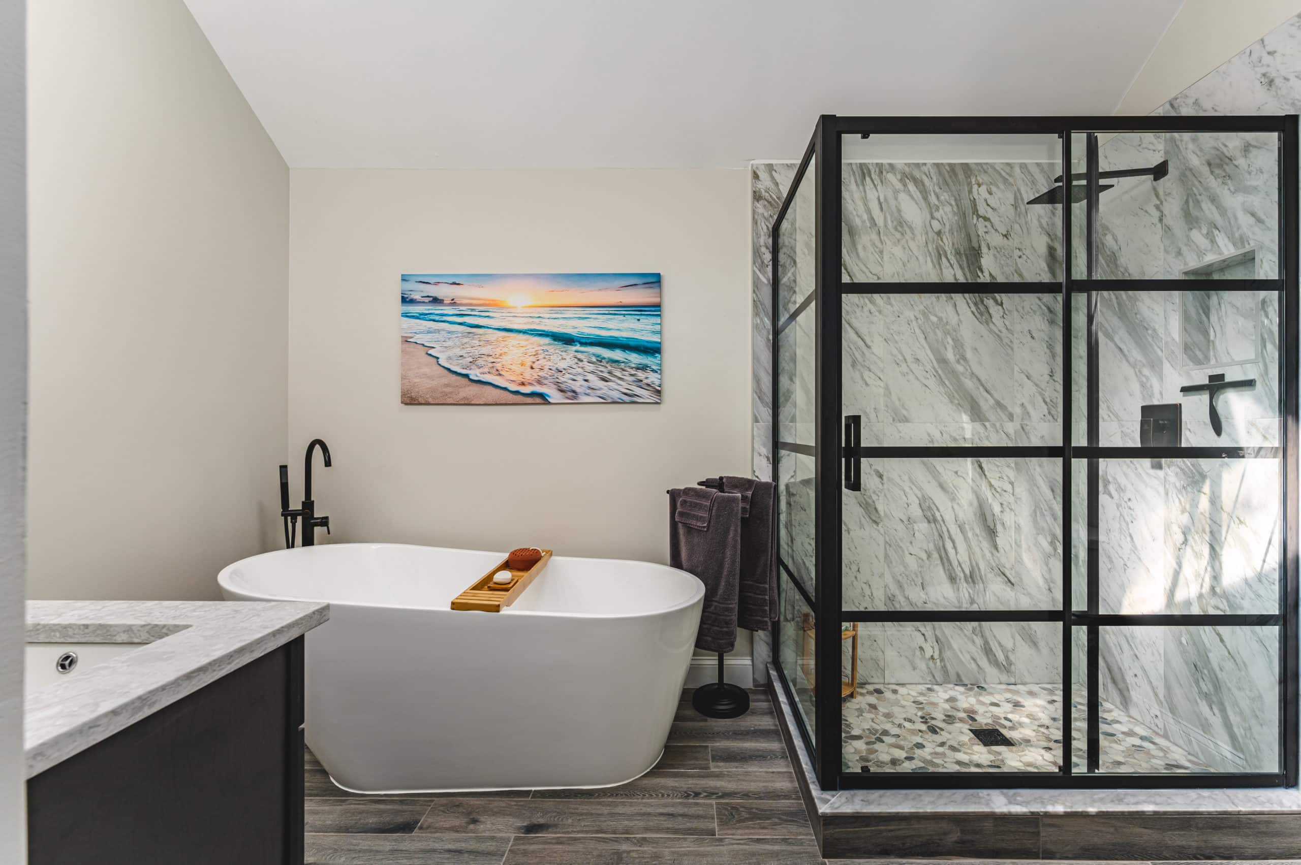 master bathroom project harwood md with brown vanity, tub and walk-in shower. Bathroom Remodeling Ideas In Woodbridge VA