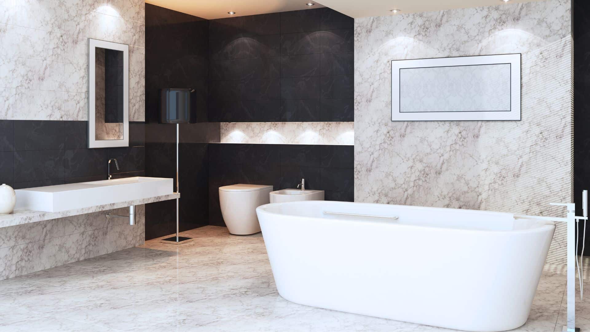 Spacious, luxury bathroom with tub, toilet and vanity