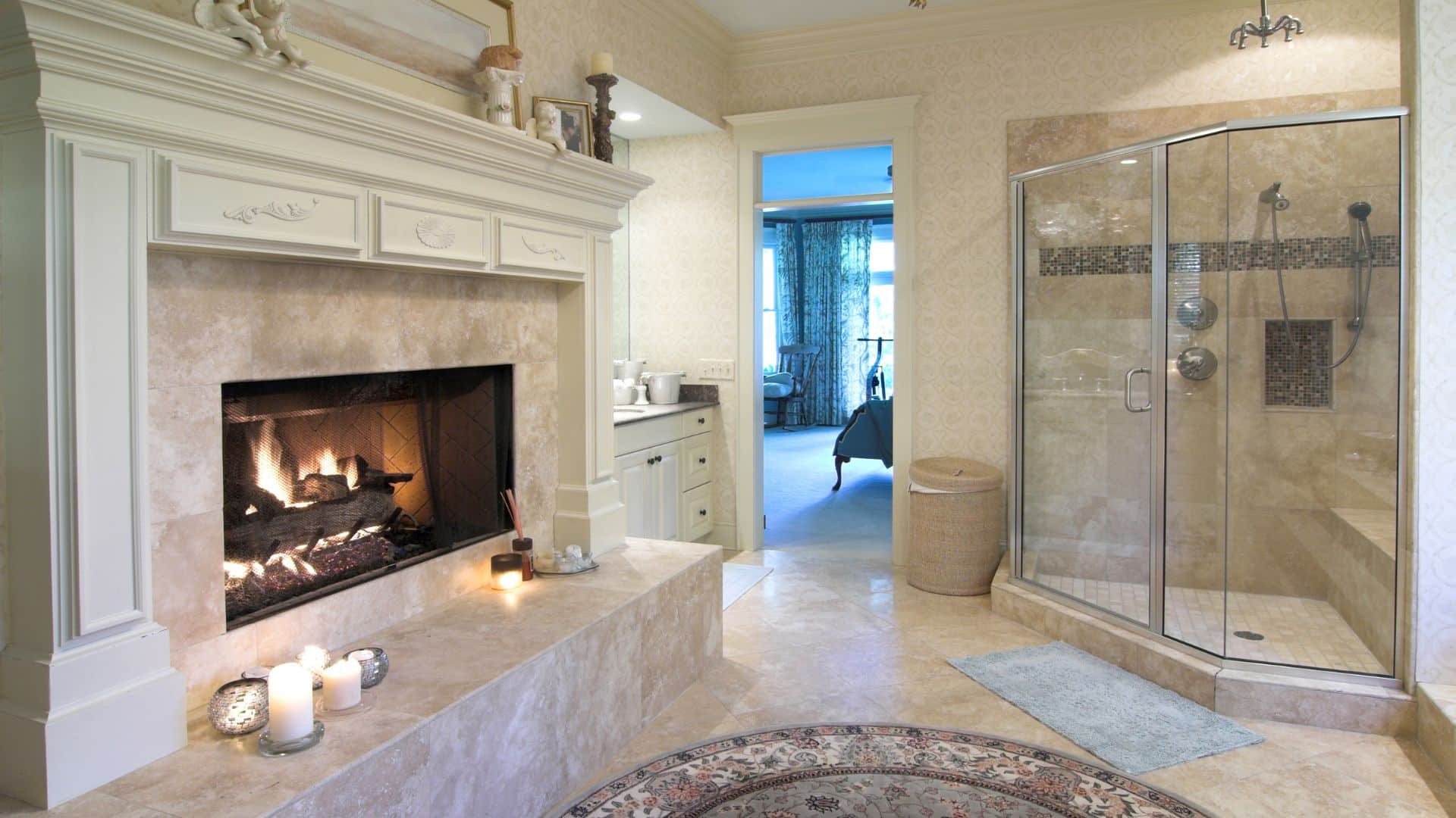 unique style bathroom with fireplace, shower, and vanity