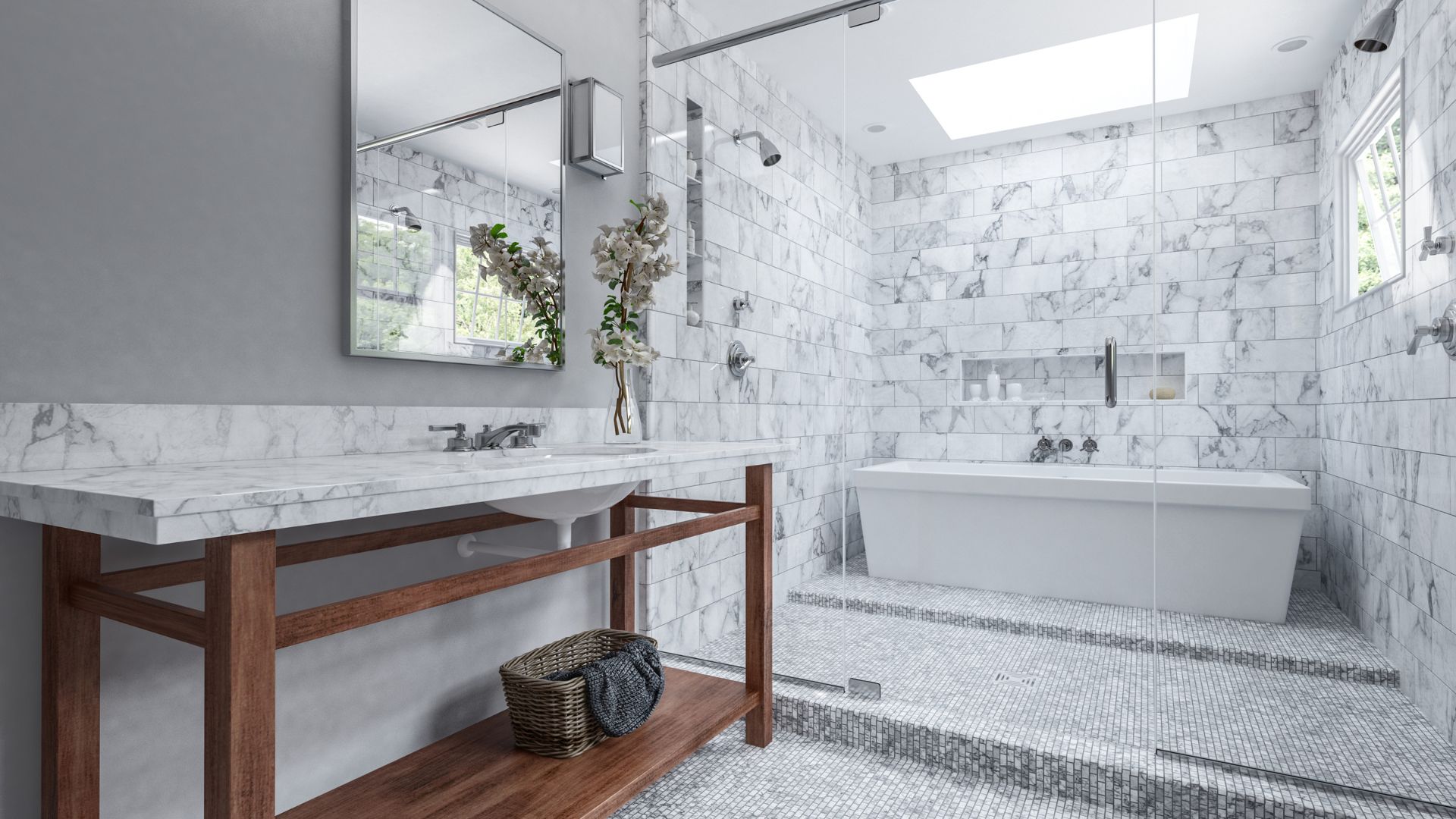 Sleek style bathroom with tiles surround shower and tub