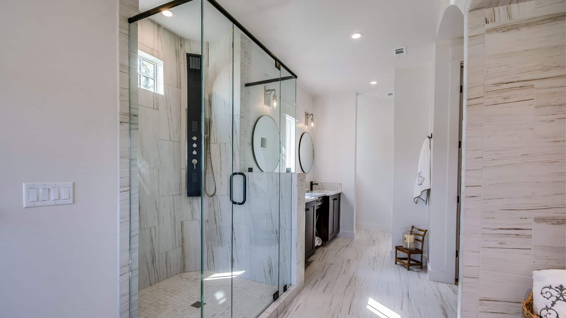 Stylish bathroom with shower, and vanity