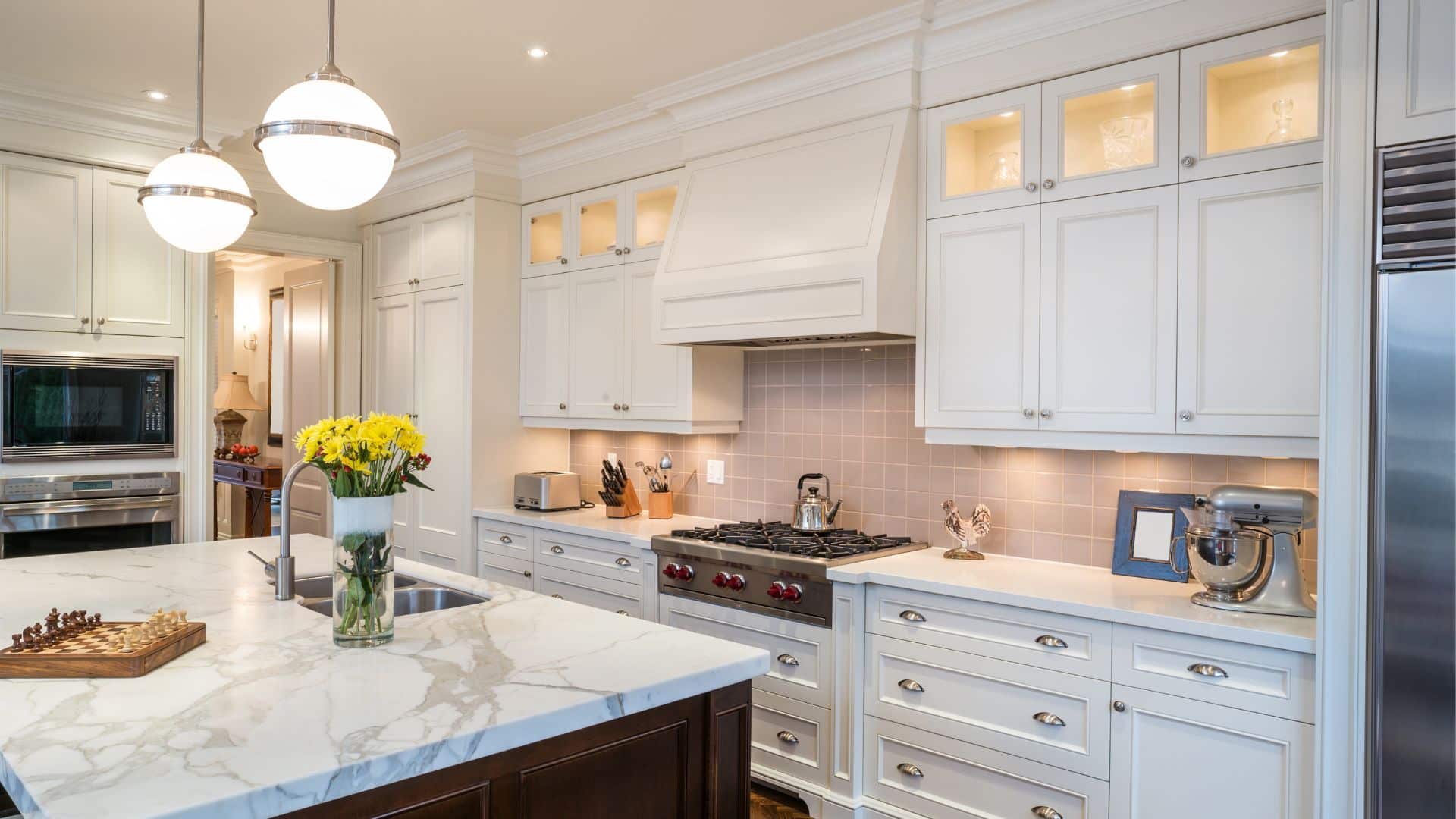 L Type kitchen with white shaker cabinets