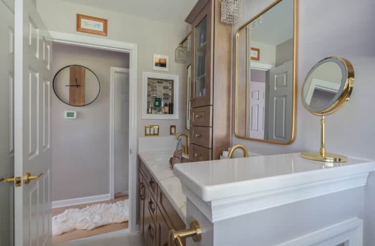 White Bathroom Project in Louisa, VA with brown cabinets