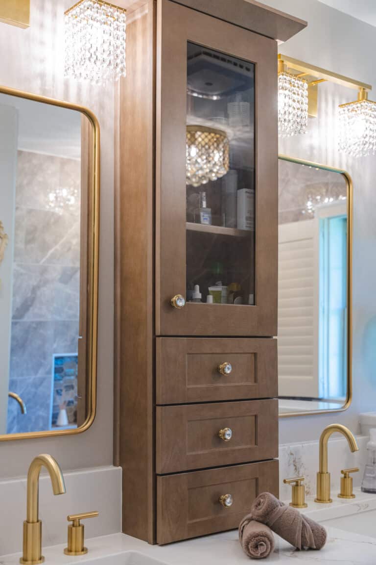 White Bathroom Project in Louisa, VA with brown cabinets