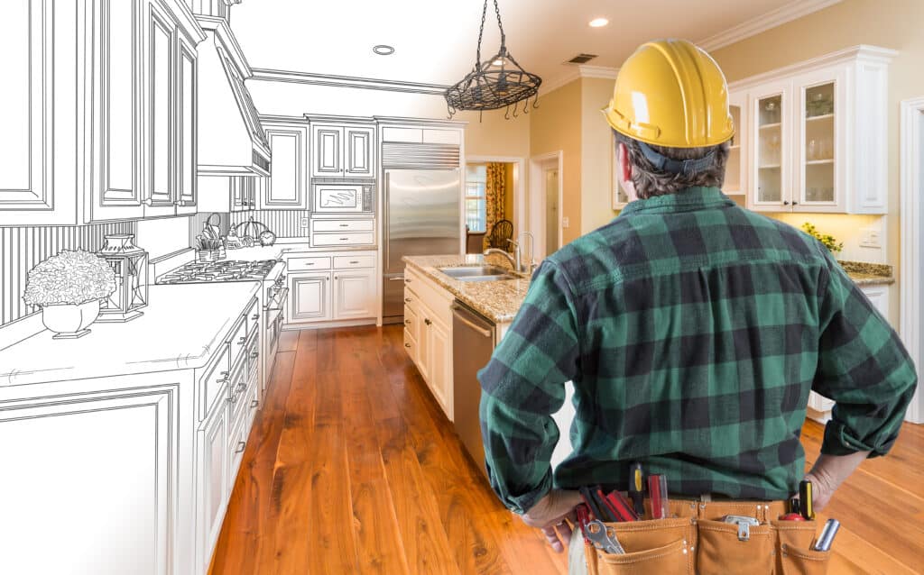 A male contractor looking into a kitchen with animated image effect