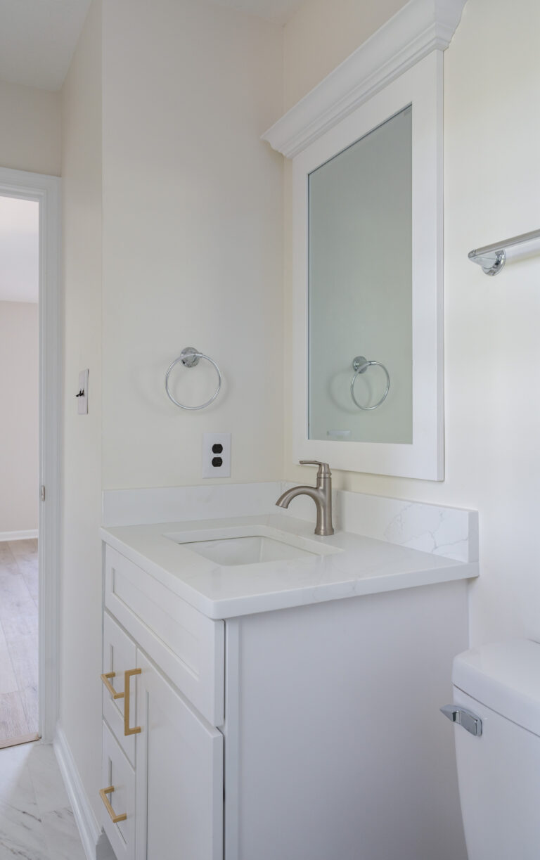 White vanity with silver faucet