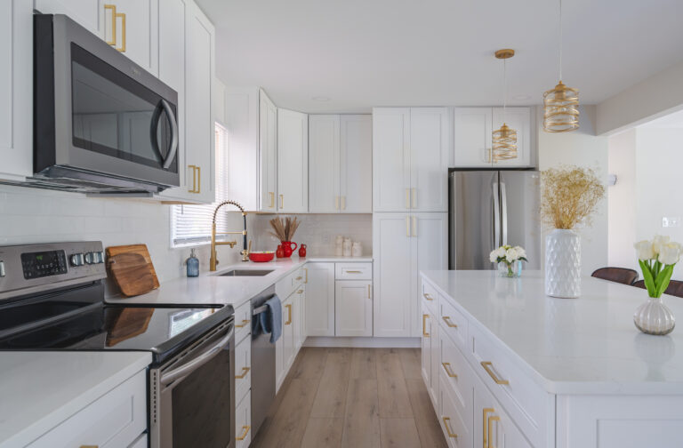 Kitchen Remodel In Nokesville, VA with white cabinets and gold handles