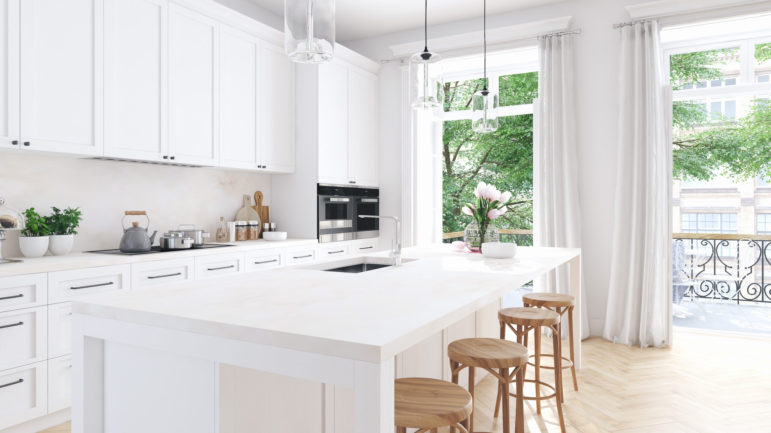 Bright, relaxing kitchen style with white cabinets and countertop