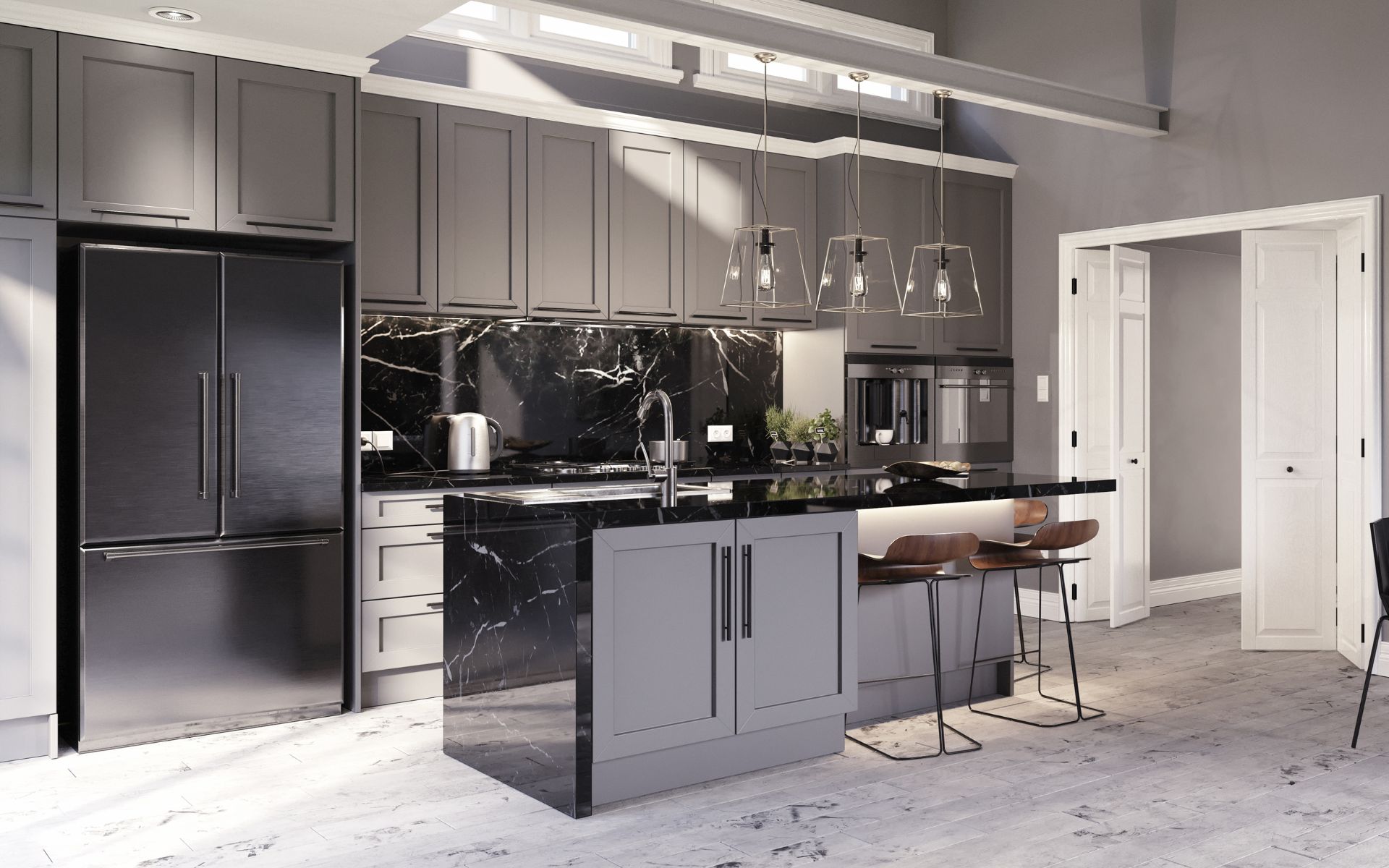 Elegant kitchen with gray cabinets and black countertop