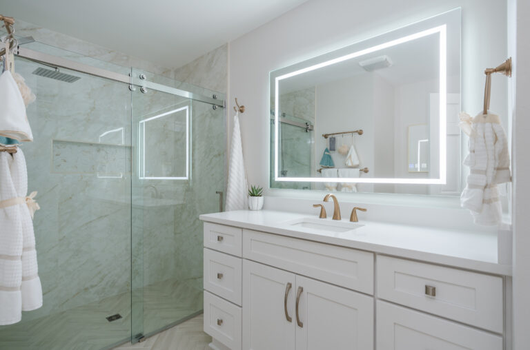 White bathroom in Bumpass VA with white shaker vanity