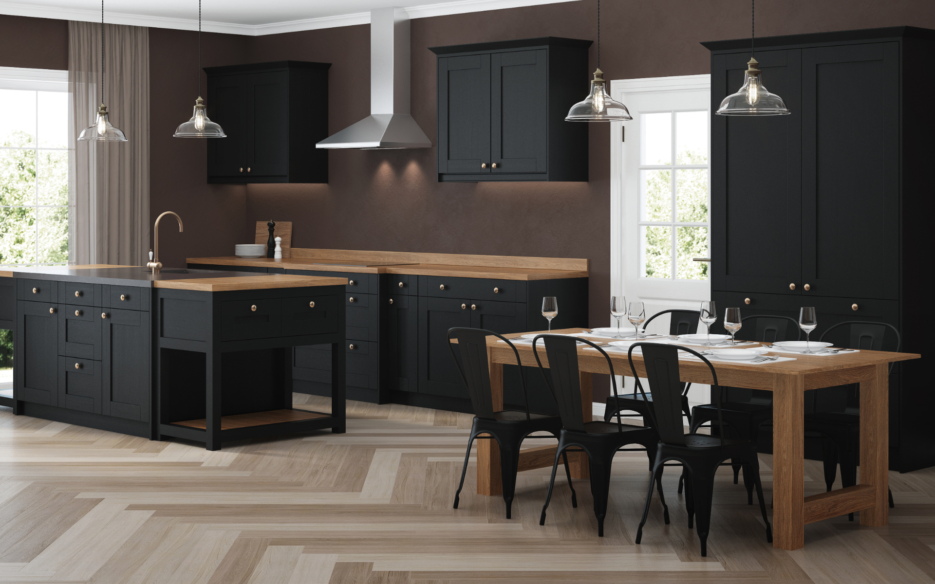 Modern style kitchen with black shaker cabinets, and wood countertop