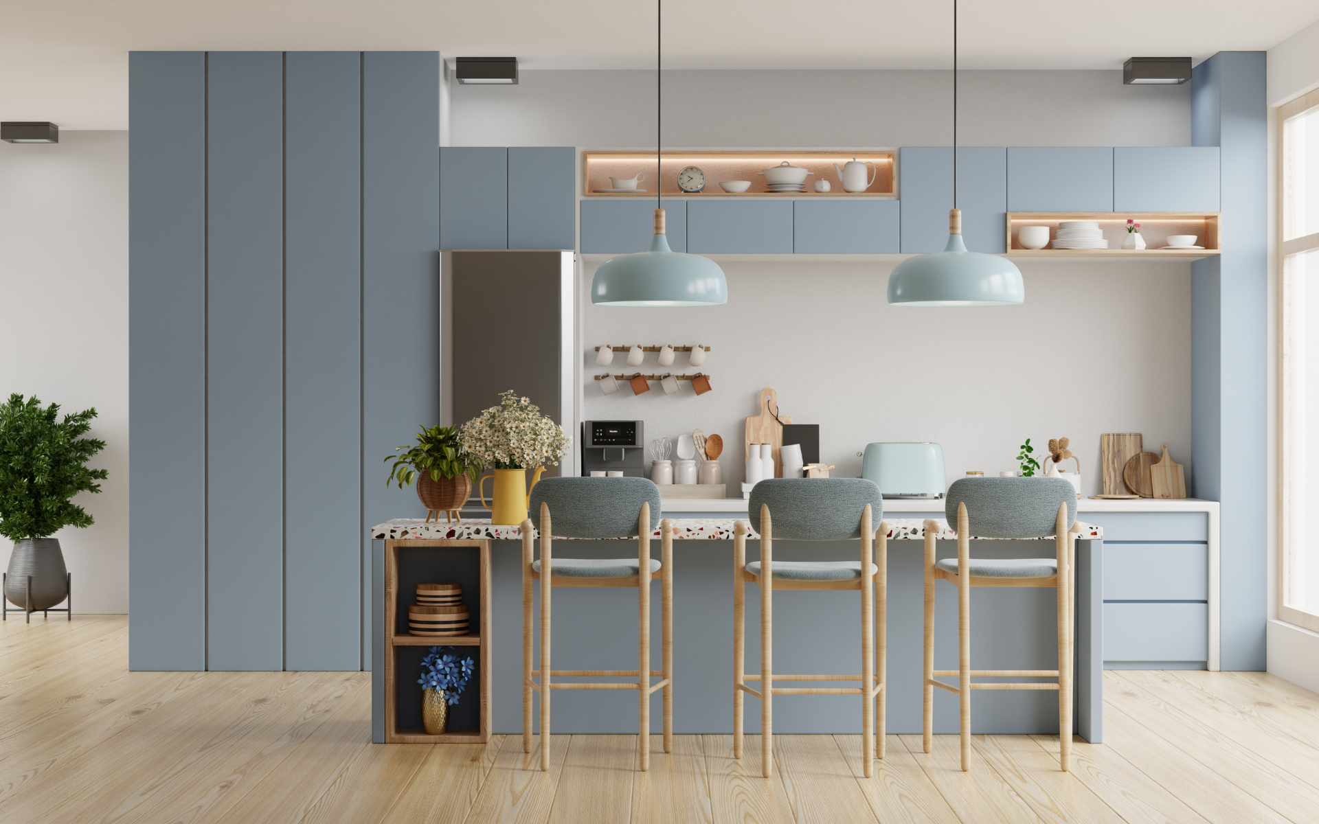 Elegant kitchen cabinet in blue-gray shade