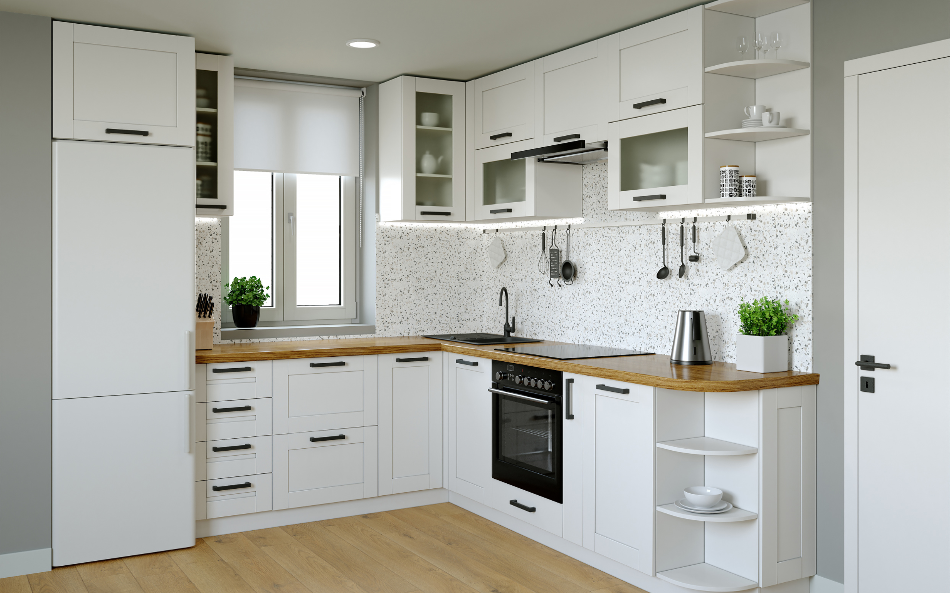 Small L-type kitchen with white shaker cabinets, and artistic backsplash