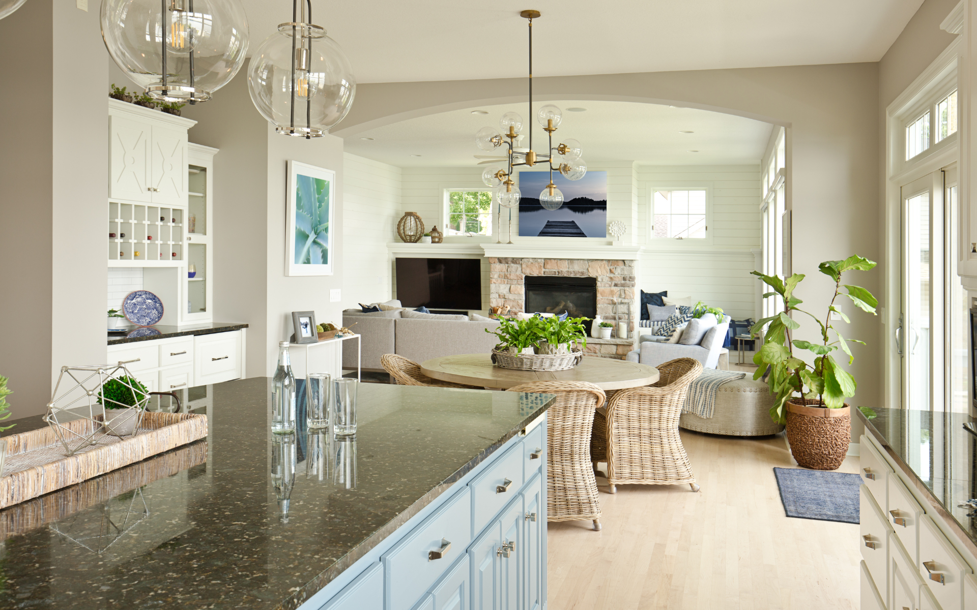 Open concept kitchen with granite countertop