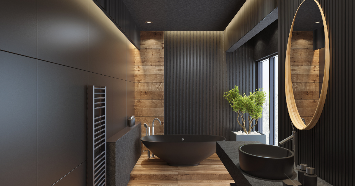 Modern black bathroom with vessel sink, and tub