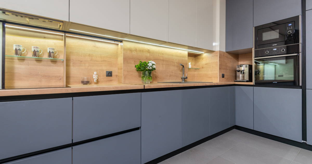 L-type kitchen with two-toned slab cabinets