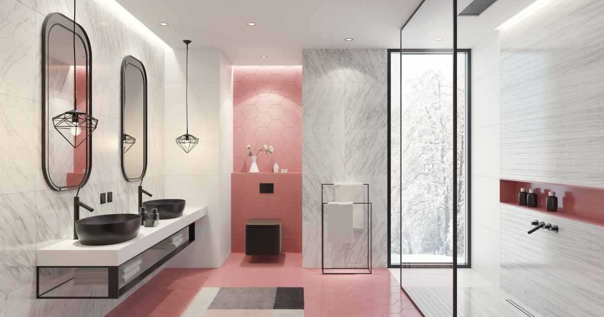 Modern, stylish bathroom in touch of pink and white