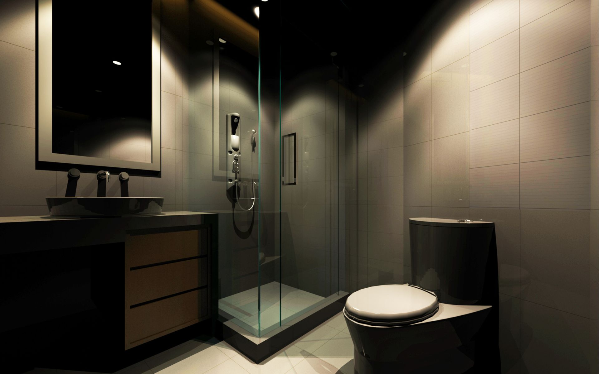 Dark bathroom with shower, vanity, and toilet