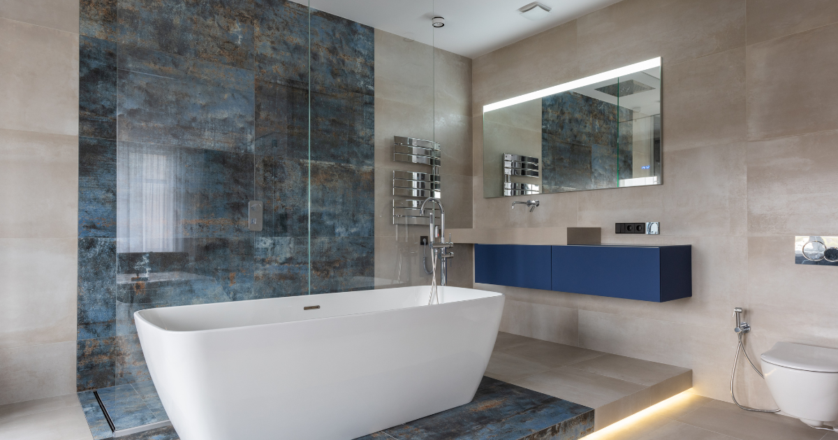 Modern bathroom with elevated tub and shower area