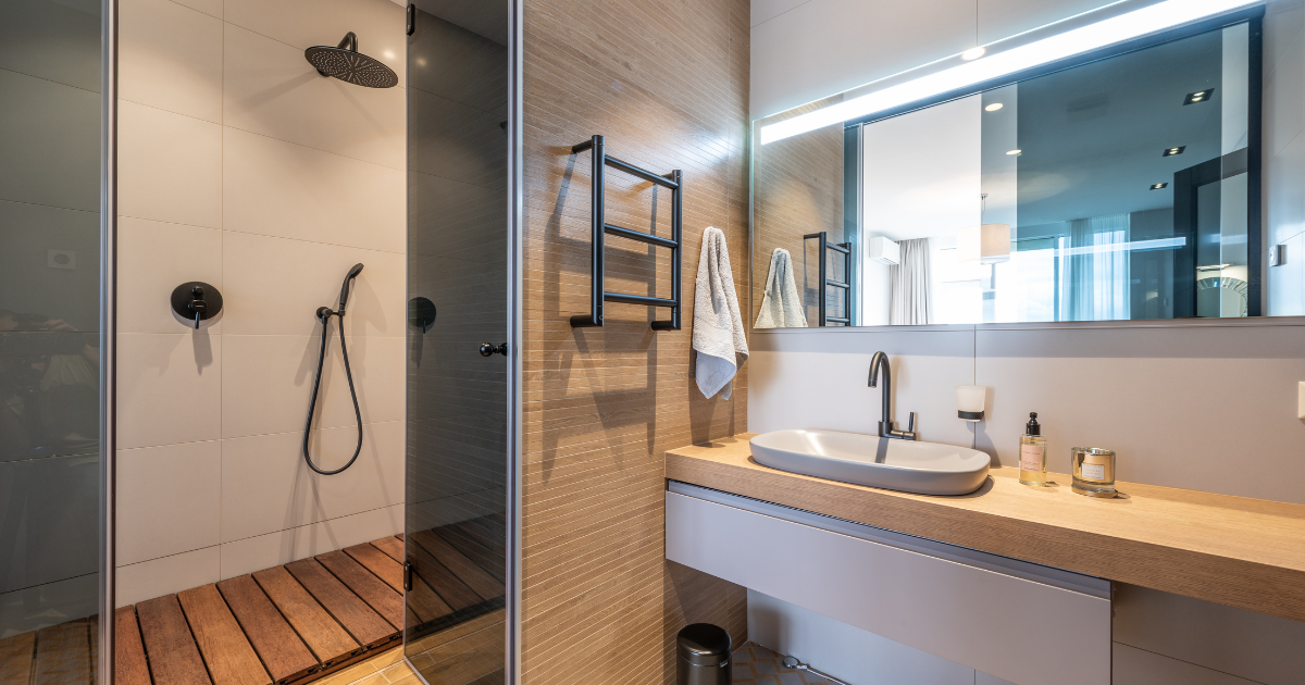 Elegant bathroom with floating vanity, and shower