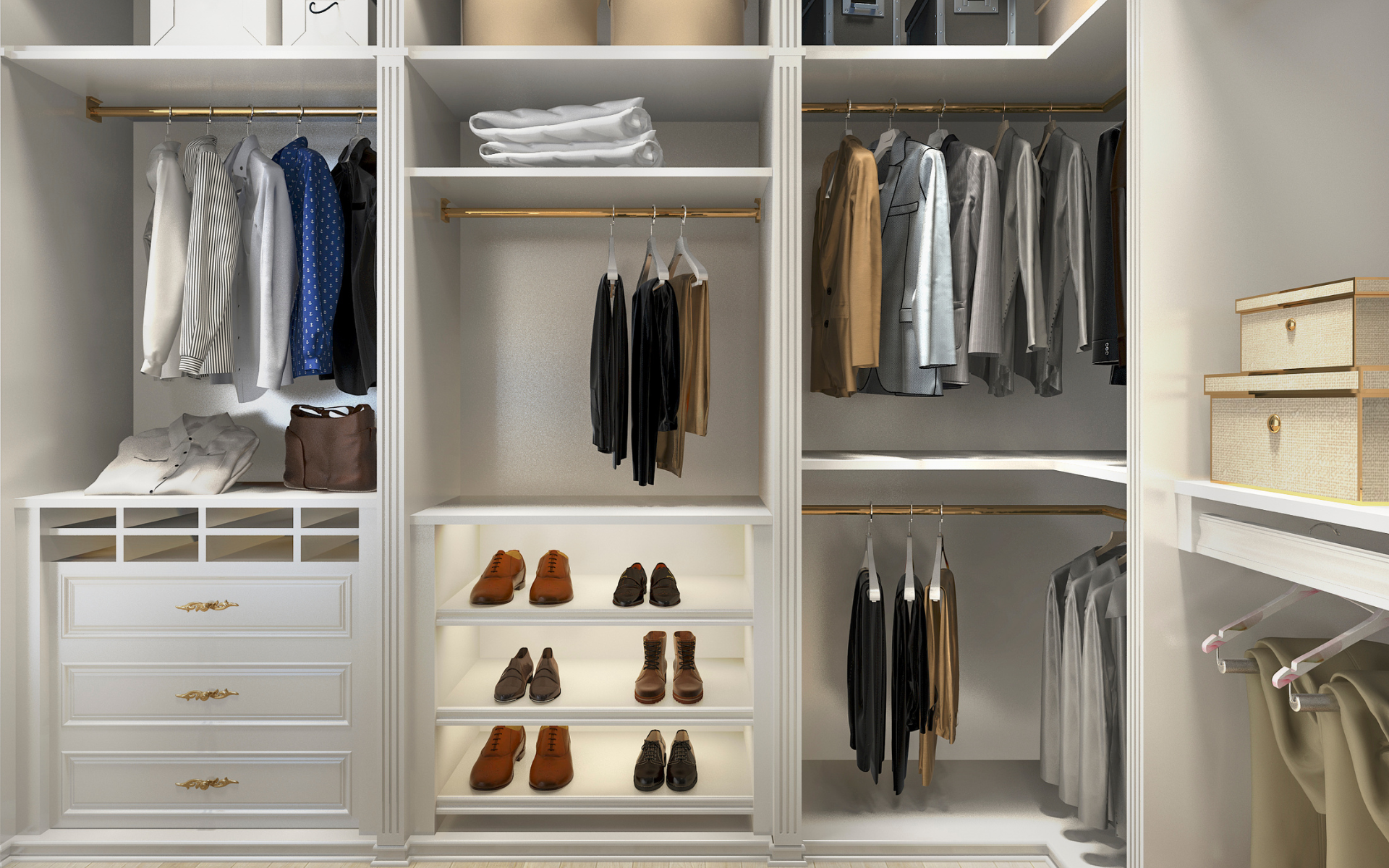 Custom closet with different clothing type cabinets