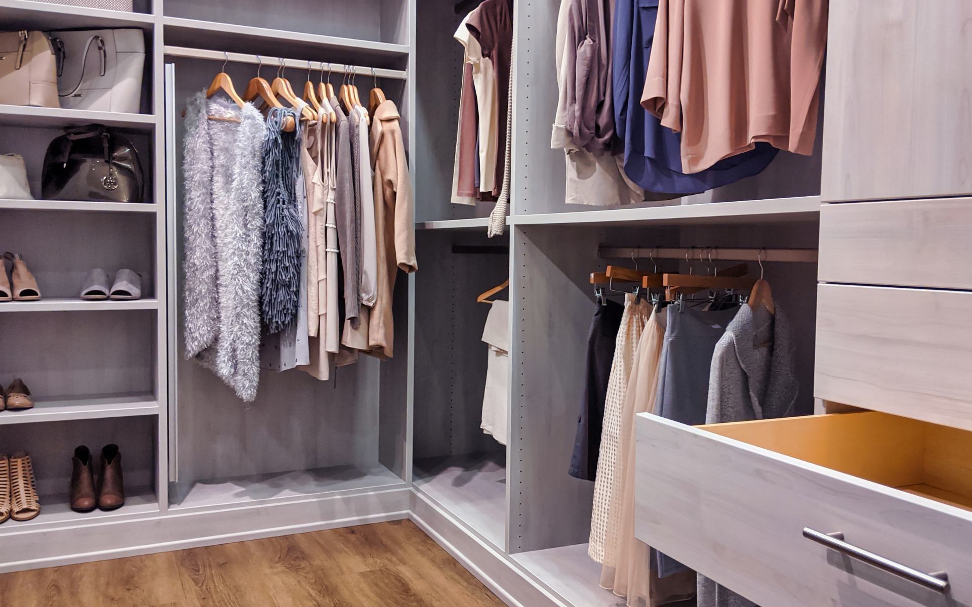 Elegant light gray custom closet