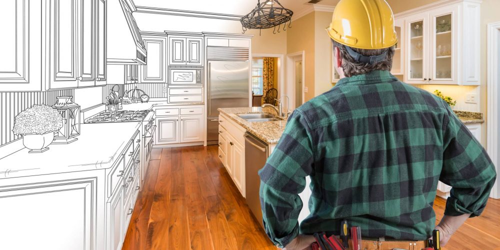 A male contractor looking into a kitchen with animated image effect