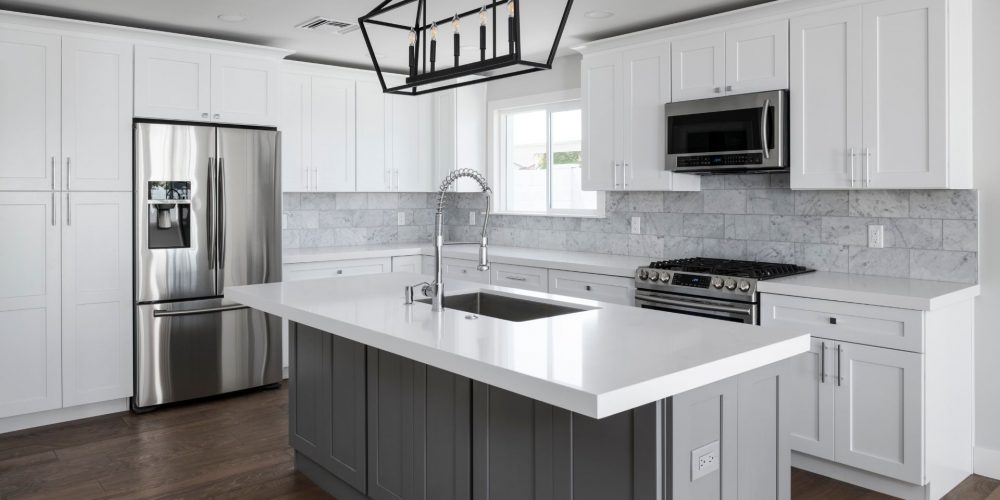 White kitchen with quality kitchen cabinet hardware