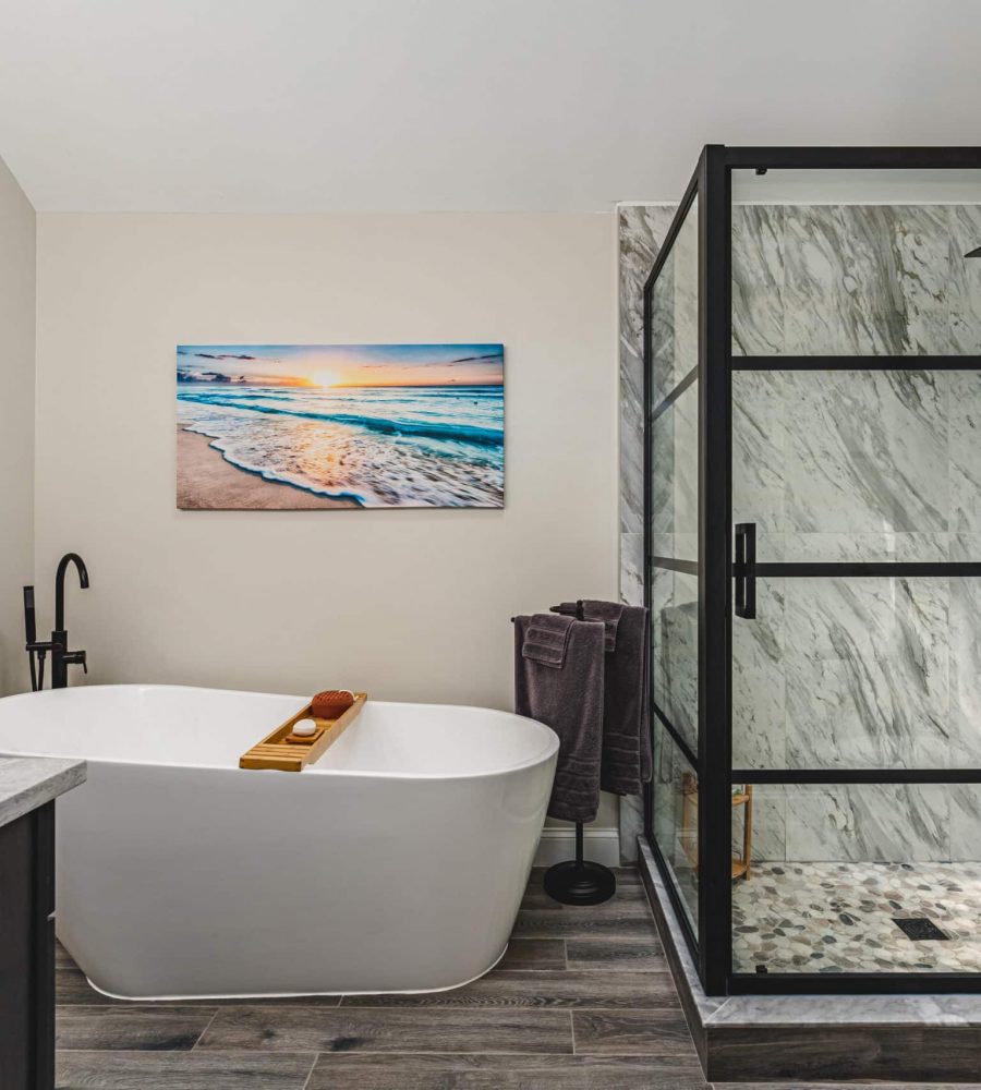 master bathroom project harwood md with brown vanity, tub and walk-in shower. Bathroom Remodeling Ideas In Woodbridge VA